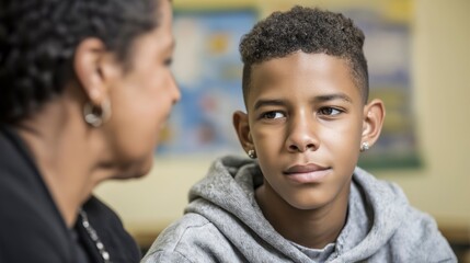 A Latin American teen listens to a mentor, emphasizing the need for mental health support for youth in a nurturing environment