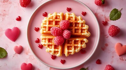 Heart-shaped waffle with raspberries on pink plate. Minimalist and bright Valentine’s breakfast concept with love and sweetness