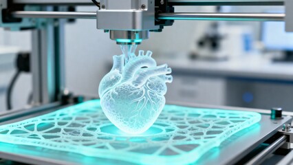 The Future of Transplants: A 3D Bioprinter meticulously constructing a human heart layer by layer with translucent bio-ink.