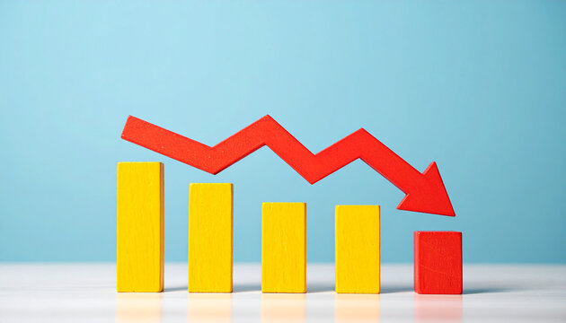 Minimalist yellow wood bar graph with red arrow pointing down. Business loss and financial risk