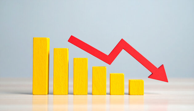 Minimalist yellow wood bar graph with red arrow pointing down. Business loss and financial risk