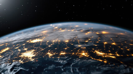 Highly detailed illustration of planet earth rotating in space showing Italy at night with city lights visible from orbit, clouds covering part of its territory and the sun rising on the horizon