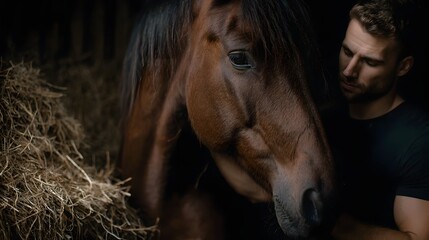 A man gently touches a brown horse in a dimly lit stable filled with hay