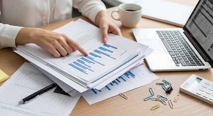 Closeup of a businesswoman analyzing financial data on a desk with a laptop, calculator, and coffee, showcasing business analysis, finance, and productivity in a modern office setting