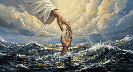 Oil painting with very large brush strokes of the hand of Jesus saving the hand of a drowning man. Miracle of saving the life of Jesus Christ, the Son of God, salvation from drowning. Christmas