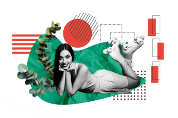 Collage picture poster of cheerful positive cute woman enjoying weekend isolated on painted background