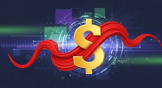 A dynamic digital illustration of a dollar sign intertwined with a red ribbon, symbolizing financial flow and innovation in the modern digital economy landscape