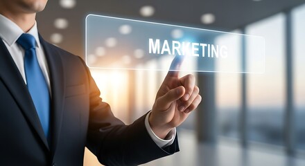 A businessman in a suit touches a virtual screen with the word marketing on it, indicating the importance of digital marketing and online advertising for business growth