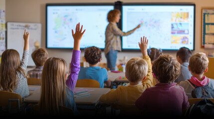 Elementary Students Engaged in Interactive Whiteboard Learning in Classroom