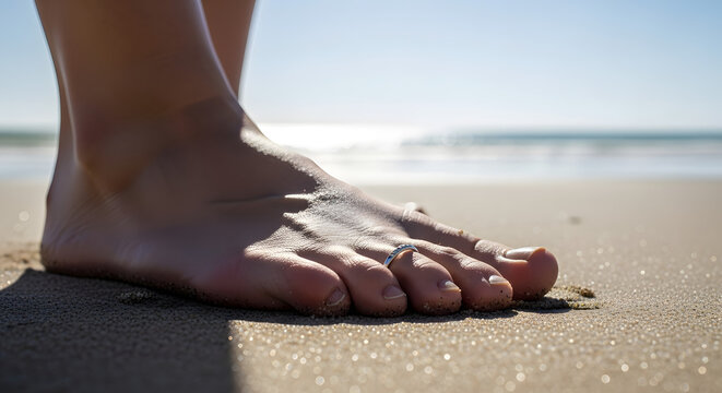 A close up of a person's foot with a toe ring standing on the sand at the beach on a sunny day

