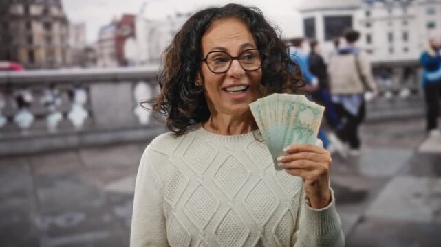 Middle-aged woman in uae holds dirham banknotes and gives thumbs-up on a bustling city street.