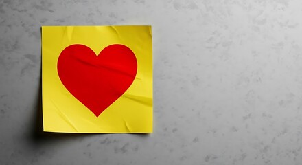 A yellow sticky note with a red heart on a gray concrete wall, symbolizing love, affection, and reminders of important relationships and heartfelt messages on a textured surface