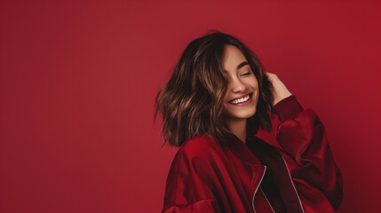 Mulher feliz posando de jaqueta bordô com fundo vermelho