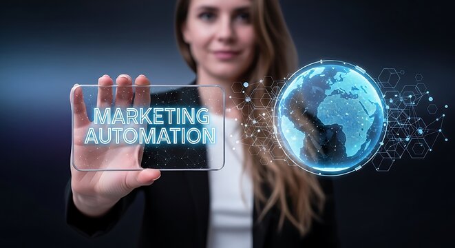 A focused businesswoman presents marketing automation on a transparent display, enhanced by a digital globe, symbolizing global reach and technological advancement