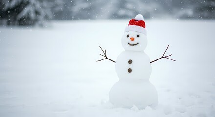 Obraz premium Snowman wearing red Santa hat in snowy winter landscape