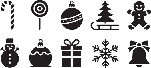 Christmas Icons Candy Cane, Lollipop, Ornament, Sleigh, Gingerbread Man, Snowman, Gift, Snowflake, Bell
