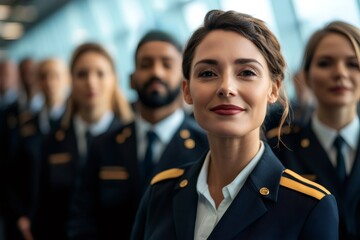 Smiling female aircraft captain leading her professional and diverse cabin crew, standing united ready for departure