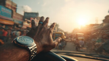 Hand with Silver Watch Reaching from Car in Vibrant Marketplace at Sunset