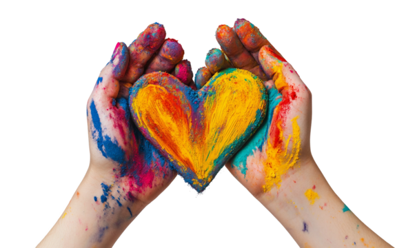 Vibrant Holi celebration with hands shaped like a heart covered in colorful powder symbolizing happiness and togetherness isolated on transparent background PNG