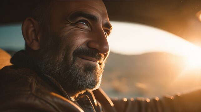 Happy man driving in desert at sunset wearing brown leather jacket
