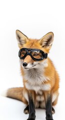 Fototapeta premium fox wearing goggles on it's head on a solid white background