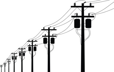 Electric power line poles silhouette vector illustration, black transmission cable design, electricity infrastructure connection, high voltage energy concept, utility post artwork vector