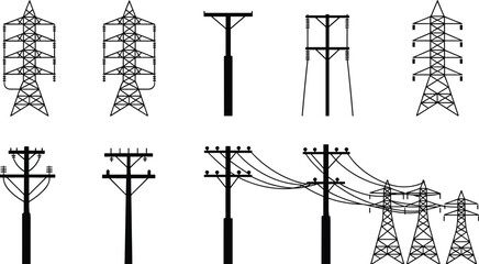 Electric power pole and transmission tower set, utility line vector illustration, high voltage energy structure collection, industrial electricity grid infrastructure design