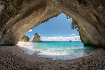 Fototapeta premium A coastal cave frames a picturesque beach and teal waters under a bright blue sky