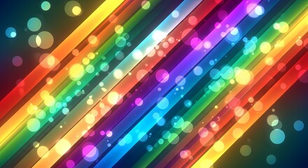 Vibrant diagonal rainbow stripes with glowing bokeh lights on a dark background