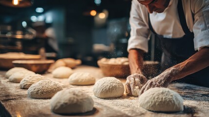 Baker portions and weighs raw dough for bread production
