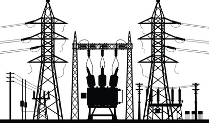 Electric power substation silhouette with high voltage transmission towers and transformers, industrial energy distribution system vector illustration, black and white design