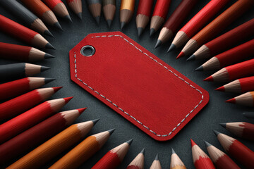 Large Red Sale Tag with Stitched Edges Surrounded by Pencils