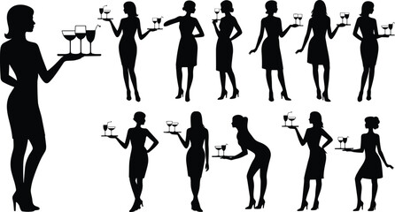 Elegant waitress silhouette vector illustration, woman holding tray with wine glasses, cocktail service, hospitality worker icon set for restaurant design