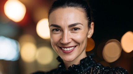 A joyful glow illuminates from a smiling woman under city lights, exuding nocturnal cheer akin to Samhain celebrations