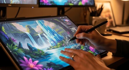 A digital artist is seen working on a fantasy landscape painting on a large tablet display, using a stylus to add intricate details to the vibrant scene with waterfalls