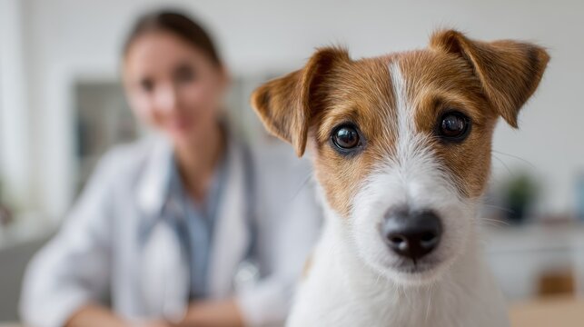 Charming Jack Russell Terrier in an office with a Hispanic female vet behind
