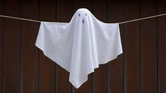 A spectral white sheet ghost hovers eerily on a clothesline, evoking Halloween enchantment and spectral folklore traditions - Powered by Adobe