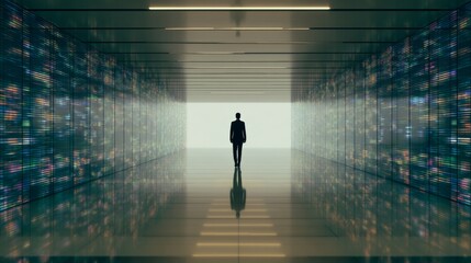 A lone silhouette in a kaleidoscopic corridor, embodying digital odysseys, Cyber Monday intrigue, and solstice meditations