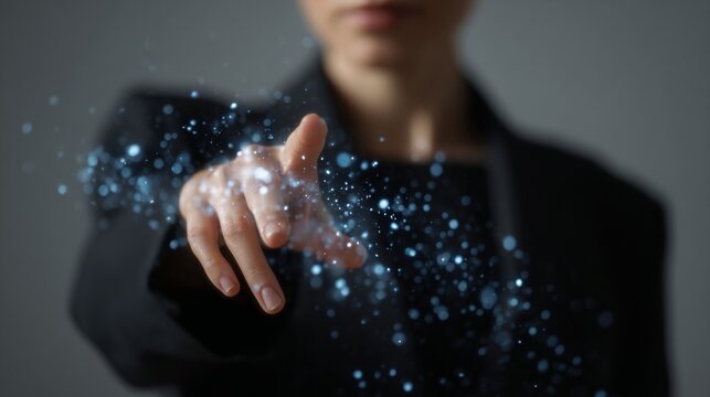 Invisible algorithms dance at a woman's fingertip, digital transcendence, International Data Privacy Day, luminous cybernetic wonderland