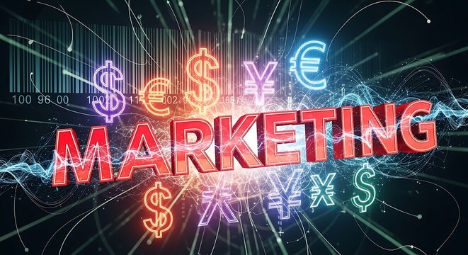 A vibrant 3d rendering displays the word marketing surrounded by currency symbols and a barcode, set against a dynamic background of light trails and particles