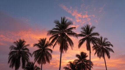 Ethereal sunset silhouettes tropical palms, whispering nature's lullaby, perfect for National Relaxation Day and Coconut Appreciation Day