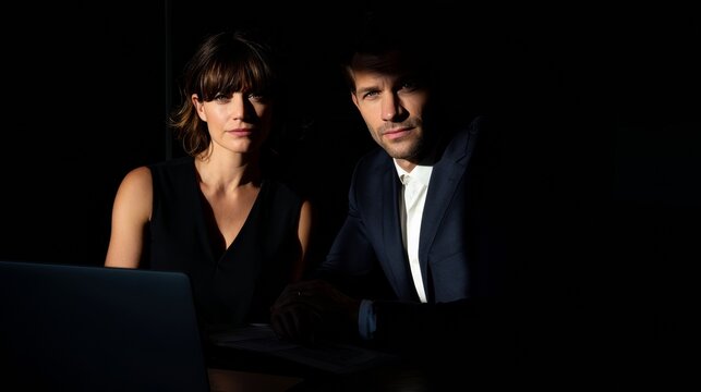 Two solemn professionals, Caucasian male and female, contemplate amidst chiaroscuro shadows, evoking Cybersecurity Awareness Month's cryptic intrigue
