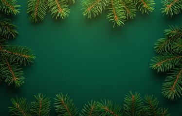 Christmas frame with xmas tree on green background. Merry Christmas greeting card. Winter holiday...