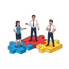 Three business people standing on puzzle pieces, representing teamwork and collaboration
