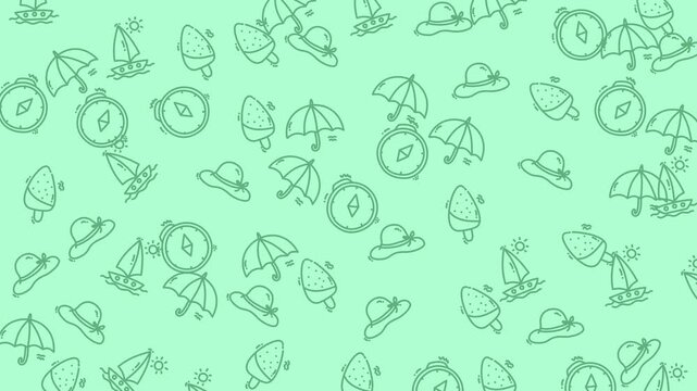Doodle summer whimsical hats, umbrellas, sailboats, compasses, and ice cream float animation on a green background.