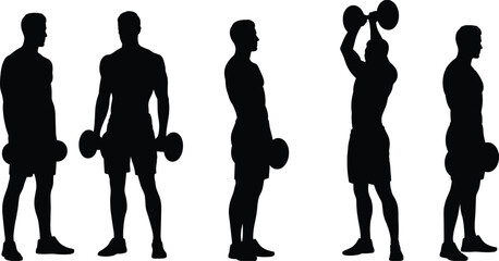 Fitness training silhouette vector illustration, muscular men lifting dumbbells, gym workout poses, bodybuilding exercise graphic, strength training concept art design