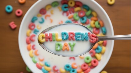 A close-up of a spoon holding colorful cereal letters spelling 'Children's Day' above a bowl of milk and cereal. Happy International Children's day.