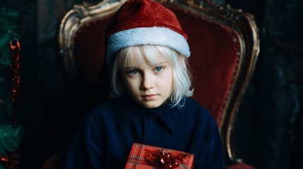 Fototapeta premium A dreamy, fair-haired child with a Nordic aura clutches a crimson gift, emanating Yule nostalgia and Tio de Nadal whimsy
