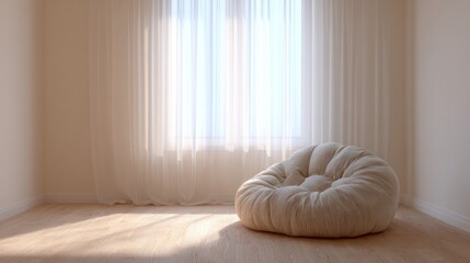 Cozy sunlit haven with plush bean bag whispers hygge serenity, ideal for World Sleep Day and meditation retreats