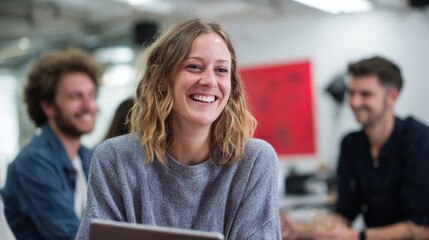Cheerful Caucasian woman revels in creative brainstorming with colleagues, echoing World Laughter Day and International Ideas Month vibes